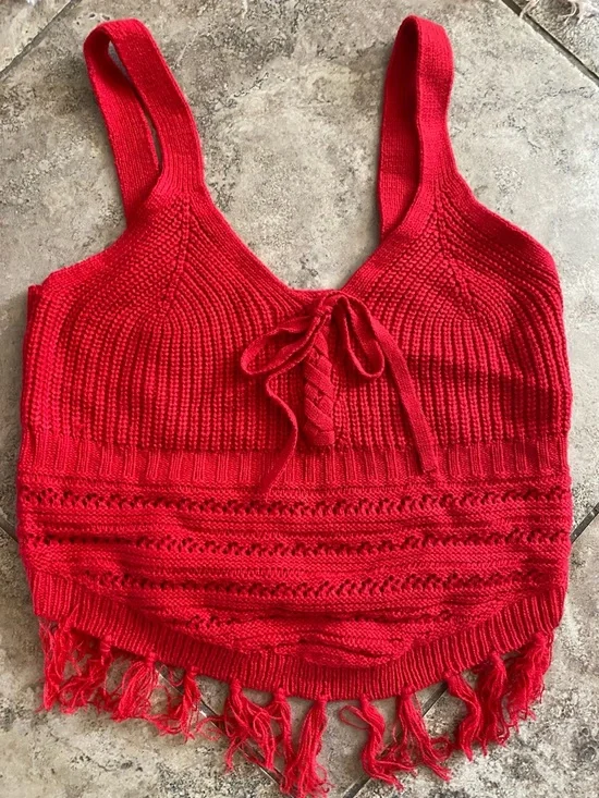 Fringe Tie Front Knit Crop Festival Party Top Red White and Beige size Small - Picture 4 of 8